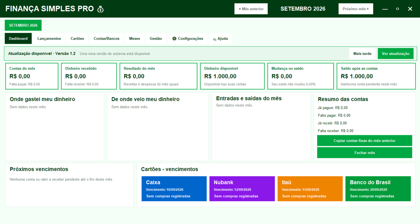 Clique para ampliar a imagem do sistema Tela do dashboard do Finança Simples Pro, com resumos financeiros, rankings e vencimentos