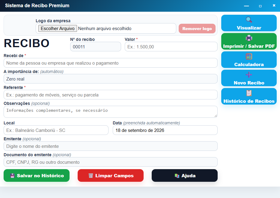 Tela do Sistema de Recibo Premium